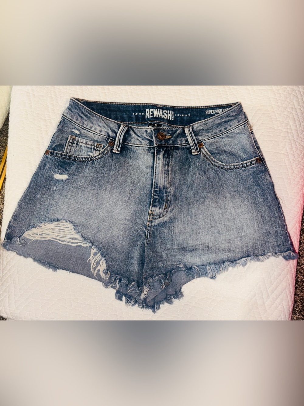 👑 Size 27 Super High Rise Rewash Light Blue Distressed Denim Shorts